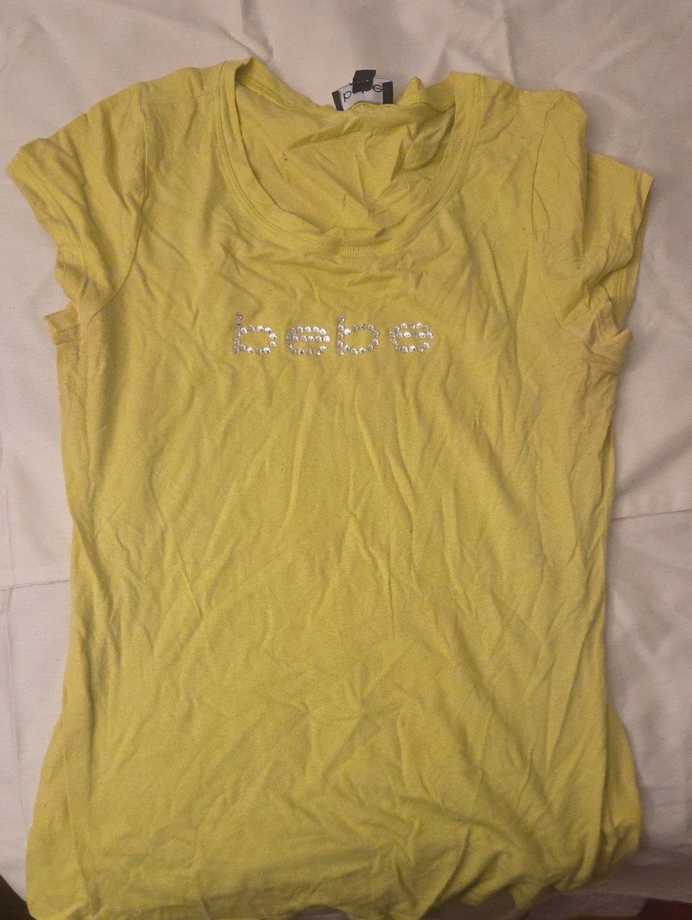 bebe Yellow Rhinestone Logo Short Sleeve Tee